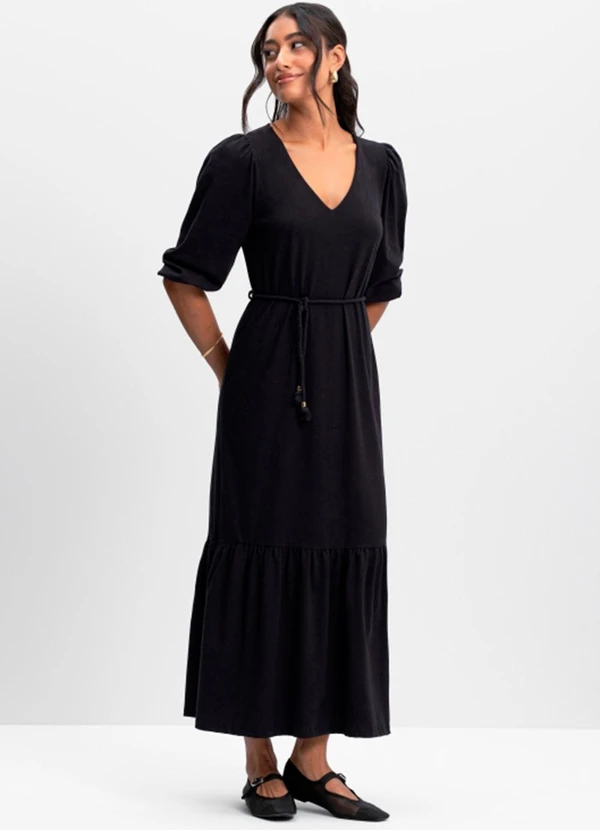 Essendi - Vestido Feminino Midi em Malha Comfort Preto