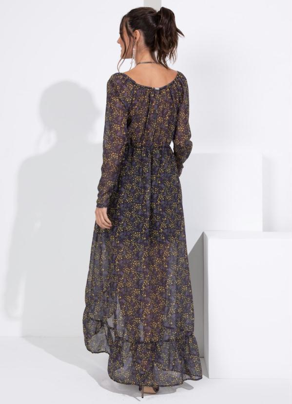 Outlet - Vestido Floral Amarelo Longo com Babado na Barra 2