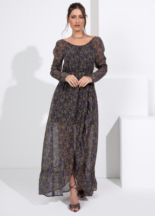 Outlet - Vestido Floral Amarelo Longo com Babado na Barra 3