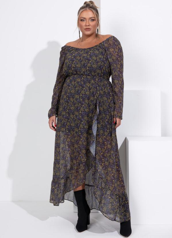 Outlet - Vestido Floral Amarelo Longo com Babado na Barra 4