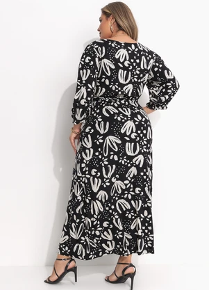 Quintess - Vestido Longo Floral Artístico em Malha de Viscose com Manga 3/4 - QUINTESS