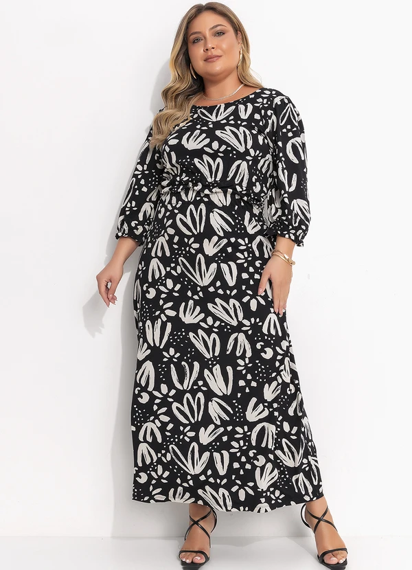 Quintess - Vestido Longo Floral Artístico em Malha de Viscose com Manga 3/4 3
