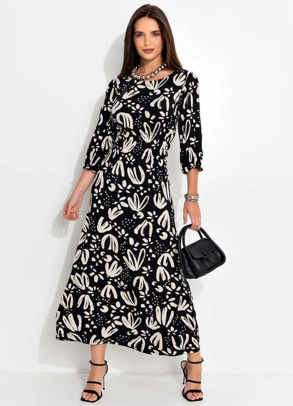 Quintess - Vestido Longo Floral Artístico em Malha de Viscose com Manga 3/4 12