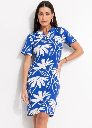 Quintess - Vestido Floral Azul em Canelado - QUINTESS