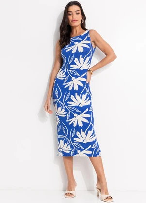 Quintess - Vestido Floral Azul em Canelado - QUINTESS