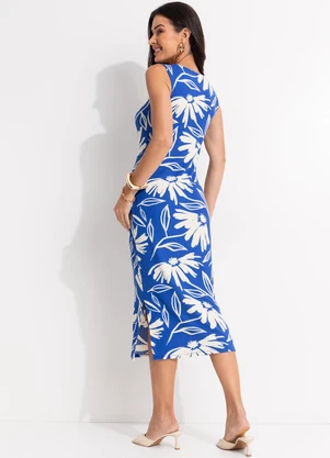 Quintess - Vestido Floral Azul em Canelado - QUINTESS
