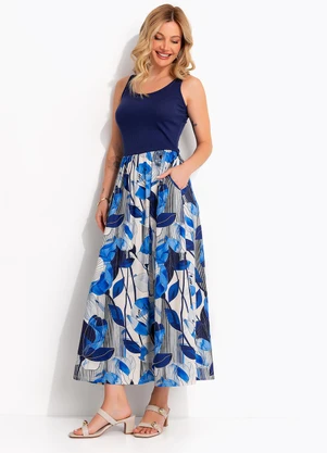 Quintess - Vestido Floral Azul em Malha Fria - QUINTESS