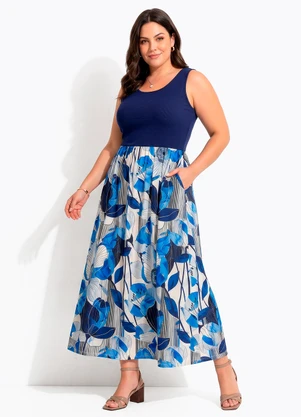 Quintess - Vestido Floral Azul em Malha Fria - QUINTESS