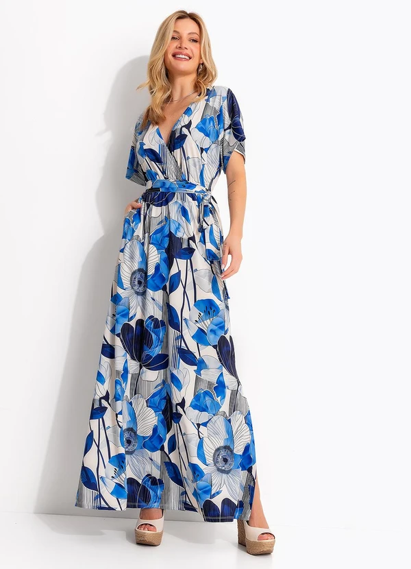 Quintess - Vestido Floral Azul em Malha Fria