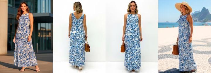 Vestido Floral Azul em Viscose Plana