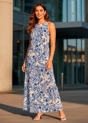 Vestido (Floral Azul) em Viscose Plana