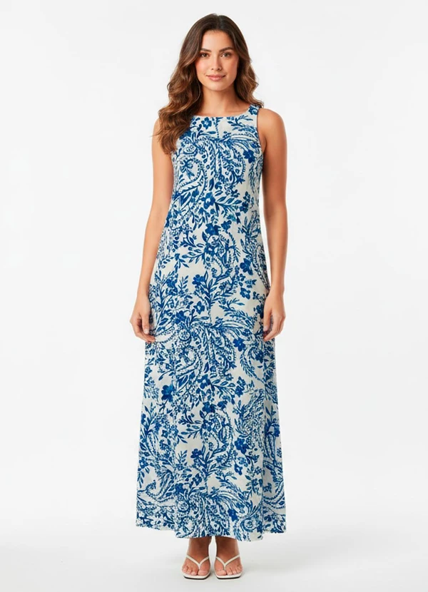 Quintess - Vestido Floral Azul em Viscose Plana