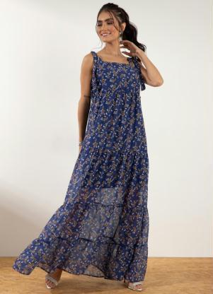 Vestido (Floral Azul) Longo com Camadas