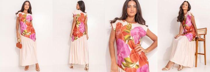 Vestido Floral Barrado em Malha Fria