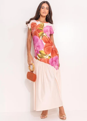 Quintess - Vestido Floral Barrado em Malha Fria - QUINTESS