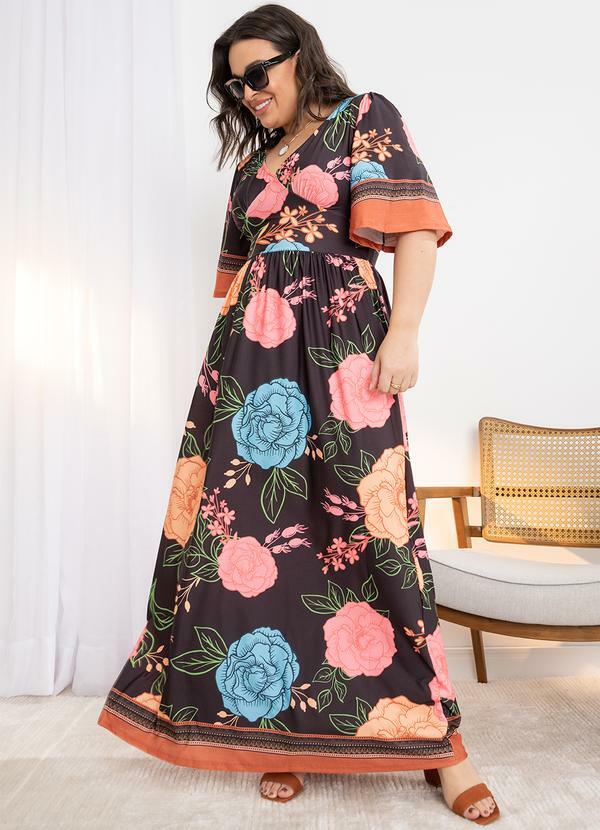 Quintess - Vestido Floral Barrado Preto em Malha Fria 4