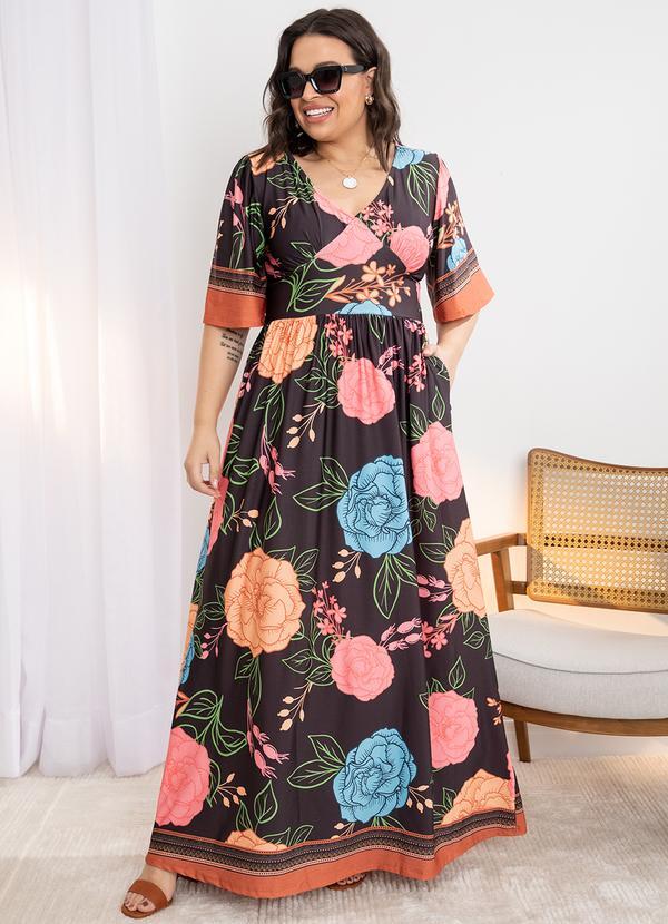 Quintess - Vestido Floral Barrado Preto em Malha Fria 6