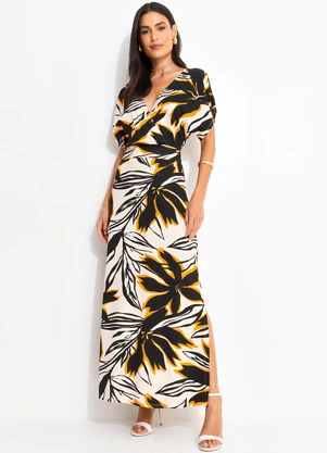 Quintess - Vestido Floral Bege em Malha de Viscose - QUINTESS