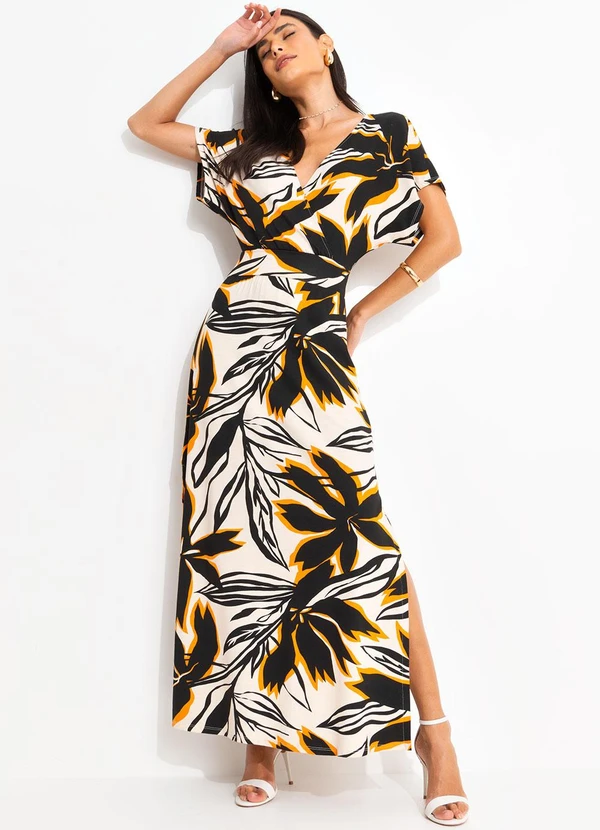 Quintess - Vestido Floral Bege em Malha de Viscose 3