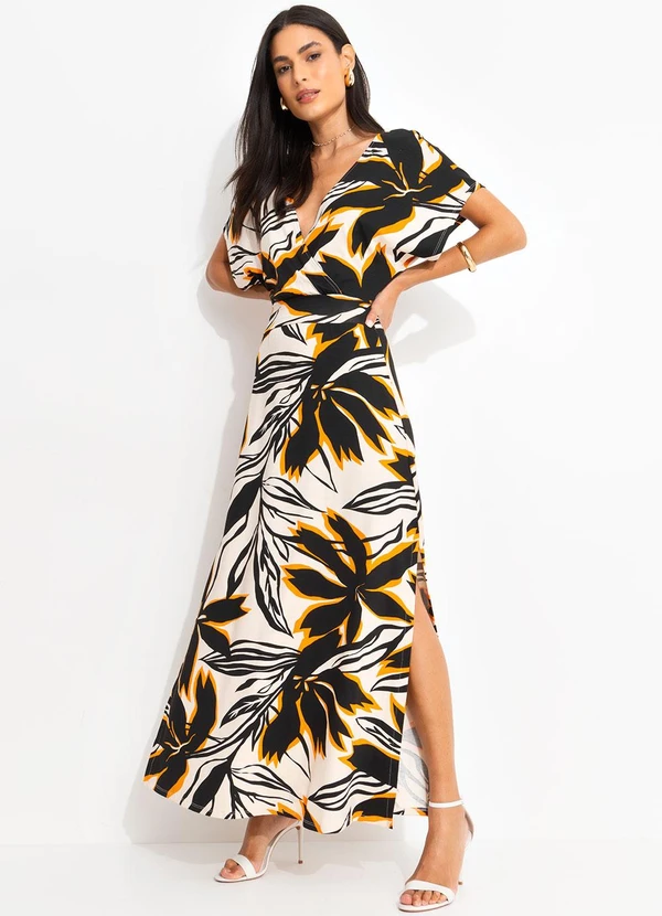 Quintess - Vestido Floral Bege em Malha de Viscose 4