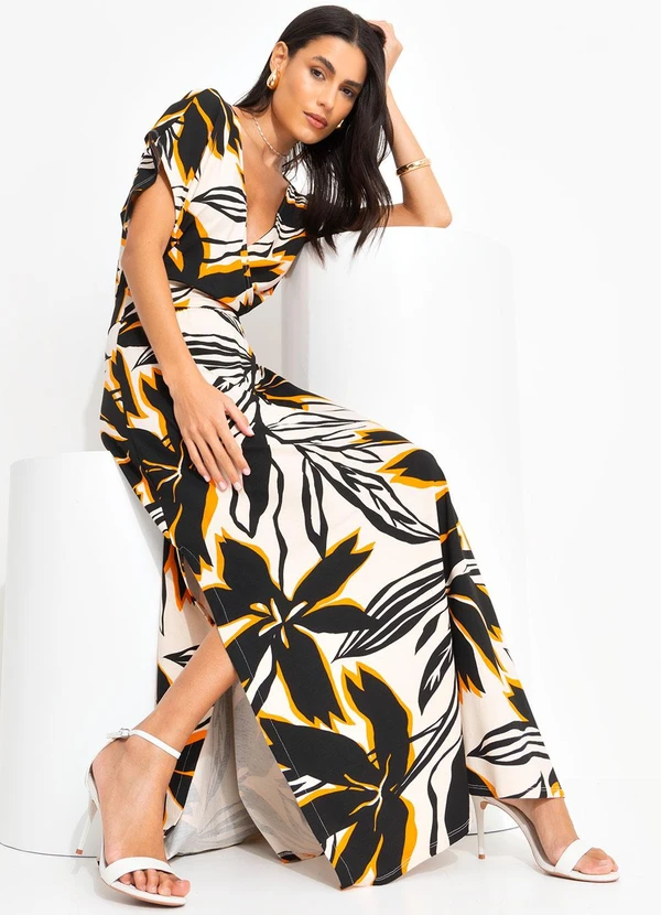 Quintess - Vestido Floral Bege em Malha de Viscose 6