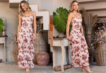 Vestido Floral Bege em Tule
