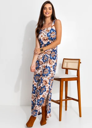 Quintess - Vestido Longo Floral em Malha Fria com Fenda Lateral - QUINTESS