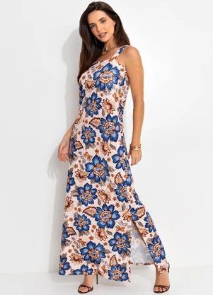 Quintess - Vestido Longo Floral em Malha Fria com Fenda Lateral - QUINTESS