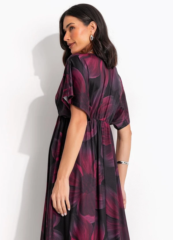 Quintess - Vestido Floral Bordô em Malha Fria