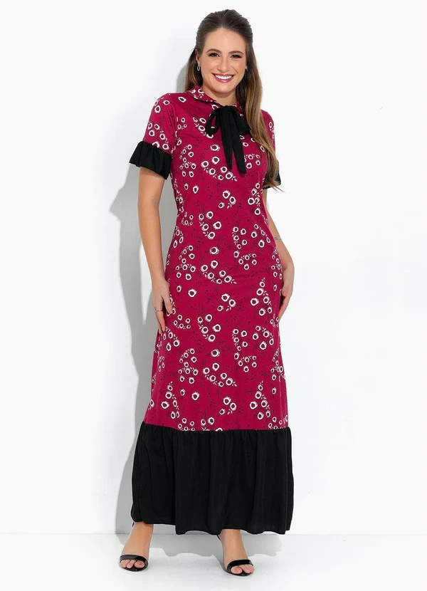 Rosalie - Vestido Floral Bordô Gola Laço 1