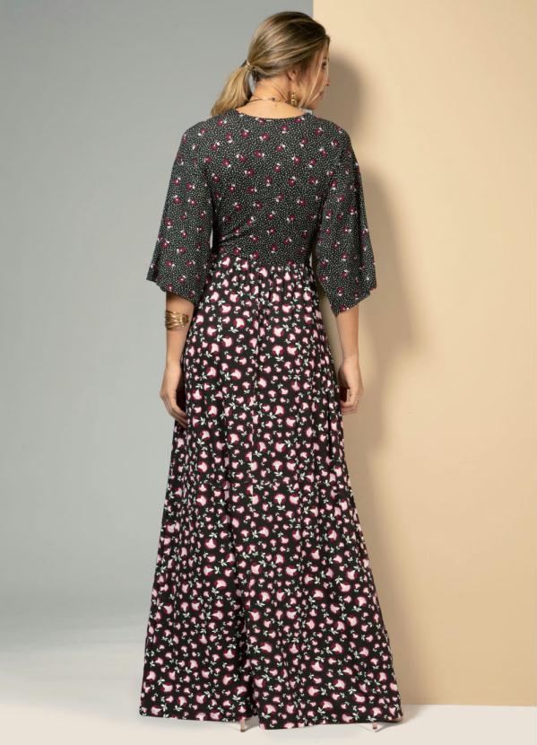 Quintess - Vestido Floral com Poá Preto com Mangas Ampla 2