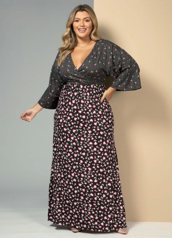 Quintess - Vestido Floral com Poá Preto com Mangas Ampla 3