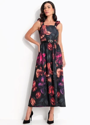 Quintess - Vestido Floral Dark em Malha Fria Texturizada - QUINTESS