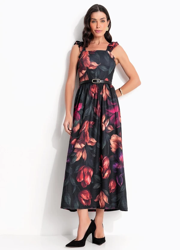 Quintess - Vestido Floral Dark em Malha Fria Texturizada