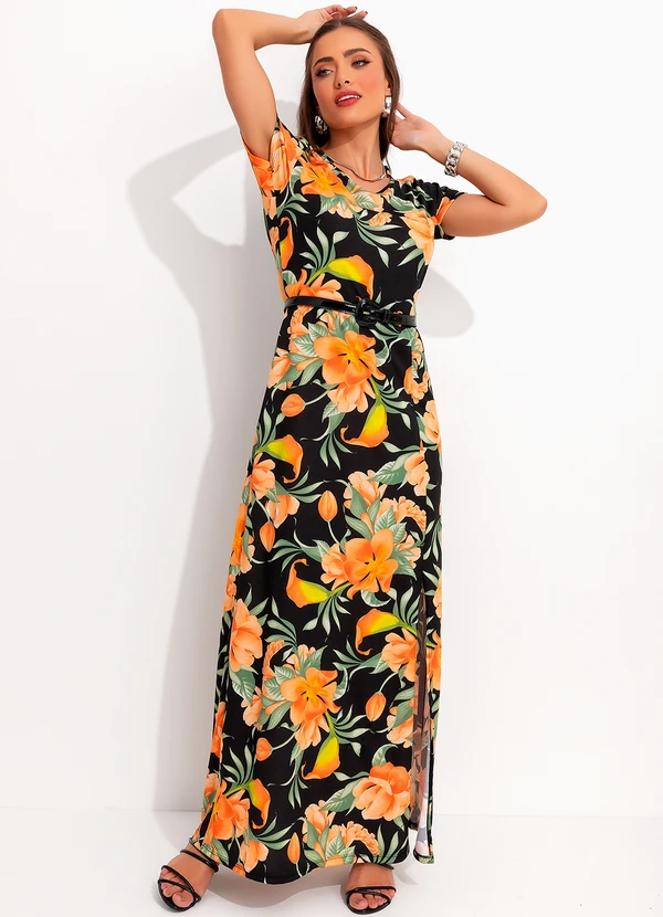 Moda Pop - Vestido Floral Escuro em Malha