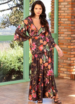 Vestido Infantil Floral Com Babados - Manga Curta, Gola Quadrada, Modelo Evasê