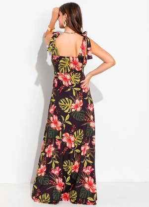 Quintess - Vestido Floral Fundo Preto em Malha Fria - QUINTESS