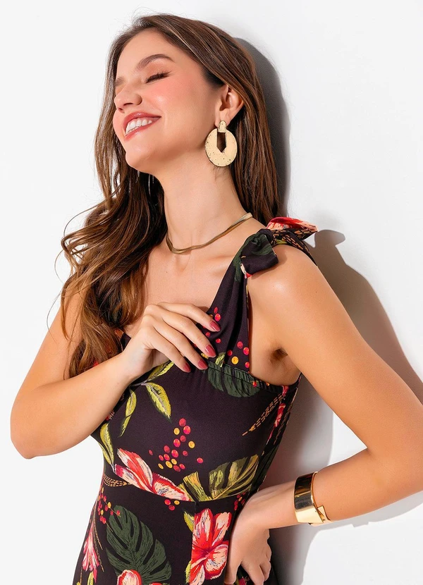 Quintess - Vestido Floral Fundo Preto em Malha Fria 5