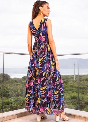 Quintess - Vestido Floral Fundo Preto em Tule - QUINTESS