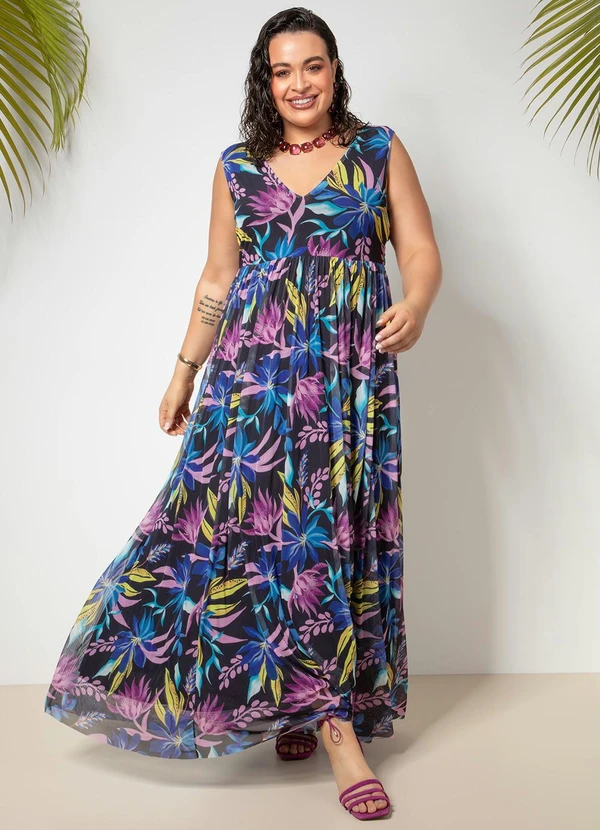 Quintess - Vestido Floral Fundo Preto em Tule 5