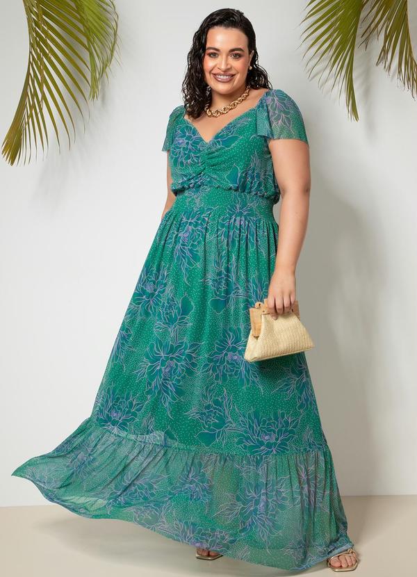 Quintess - Vestido Floral Fundo Verde em Tule 3