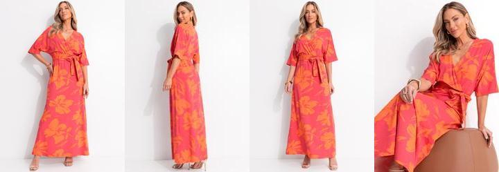 Vestido Floral Laranja em Malha de Viscose