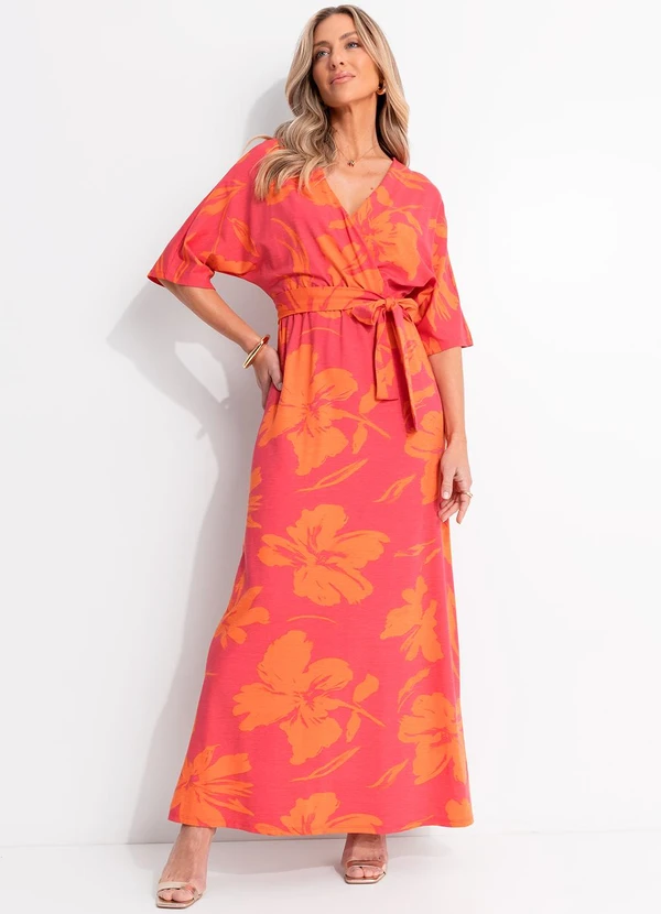Quintess - Vestido Floral Laranja em Malha de Viscose