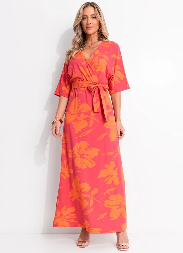 Quintess - Vestido Floral Laranja em Malha de Viscose