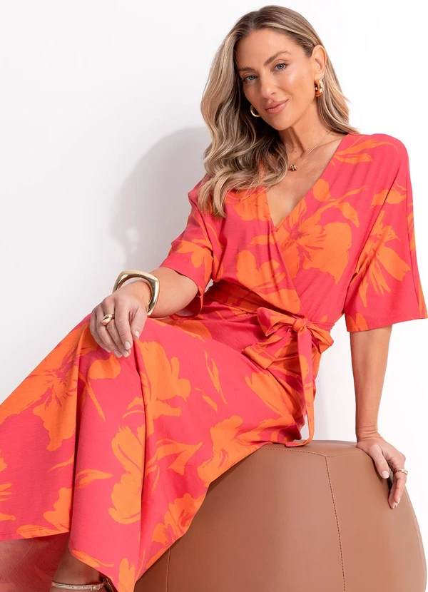 Quintess - Vestido Floral Laranja em Malha de Viscose 5