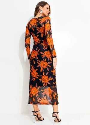 Quintess - Vestido Floral Laranja em Tule - QUINTESS