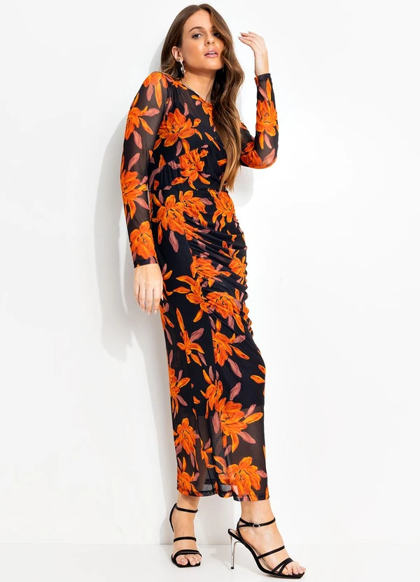 Quintess - Vestido Floral Laranja em Tule
