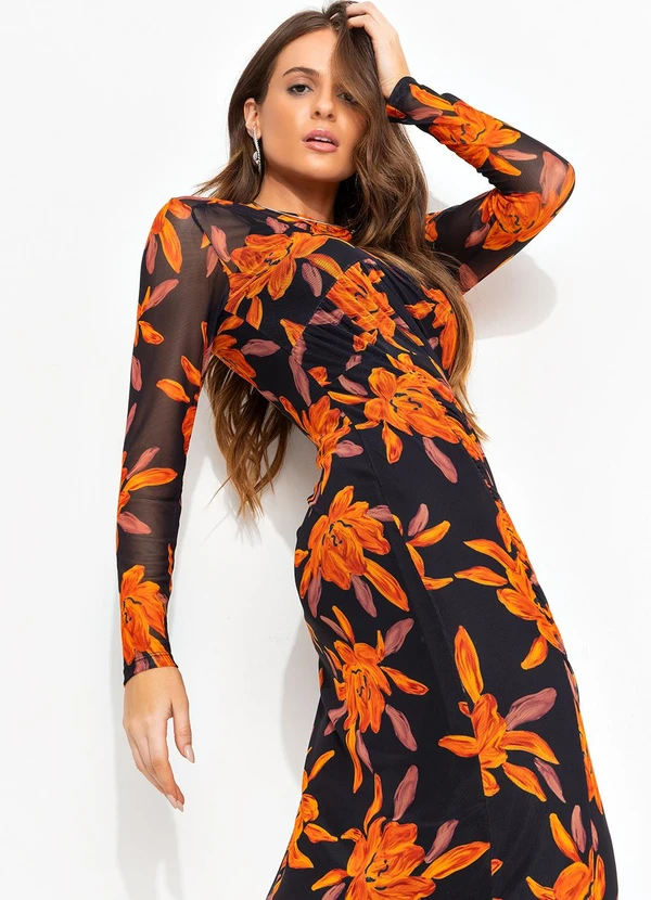 Quintess - Vestido Floral Laranja em Tule 3