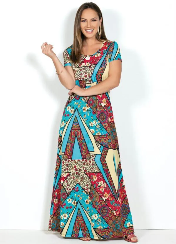 Moda Pop - Vestido Floral Longo Mangas Curtas