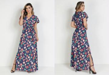 Vestido Floral Marinho com Faixa Moda Evang�lica